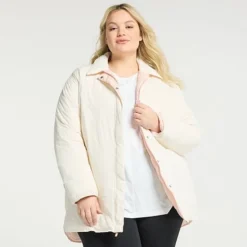 Plus Size FLX Insulated Reversible Long Jacket Ivory Silk