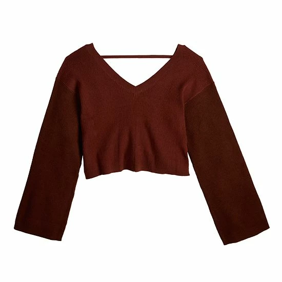 Women's FLX Ribbed Open-Back V-Neck Sweater Chic Burgundy - Image 3