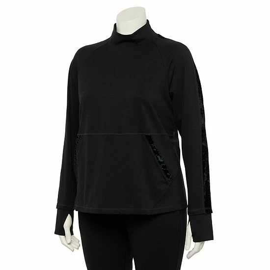 Plus Size FLX Affirmation Velvet-Trim Mockneck Top Mineral Black - Image 3