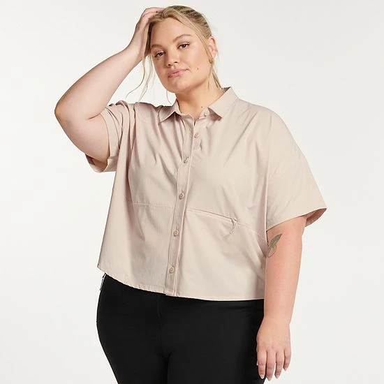 Plus Size FLX Collared Woven Crop Shirt Modern White