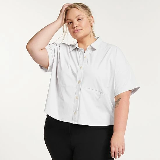Plus Size FLX Collared Woven Crop Shirt Modern White - Image 3